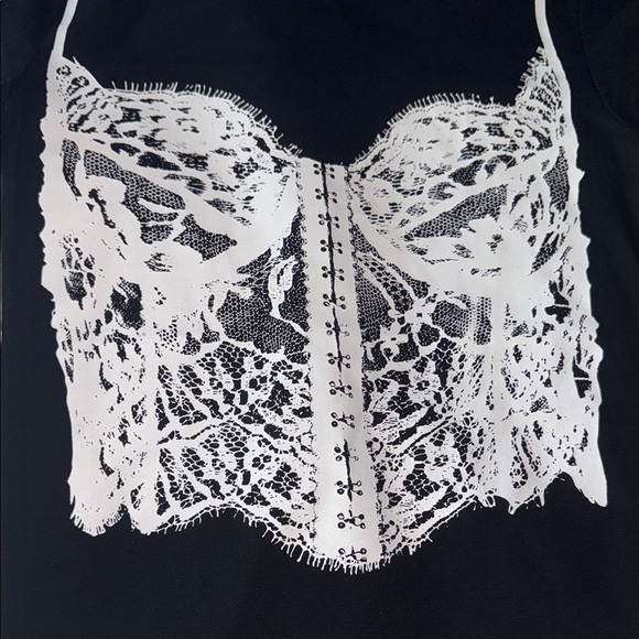 Women's Black and White Lace Graphic Top - Picture 3 of 7